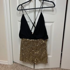 Agaci deep cut sequin romper- gold and black